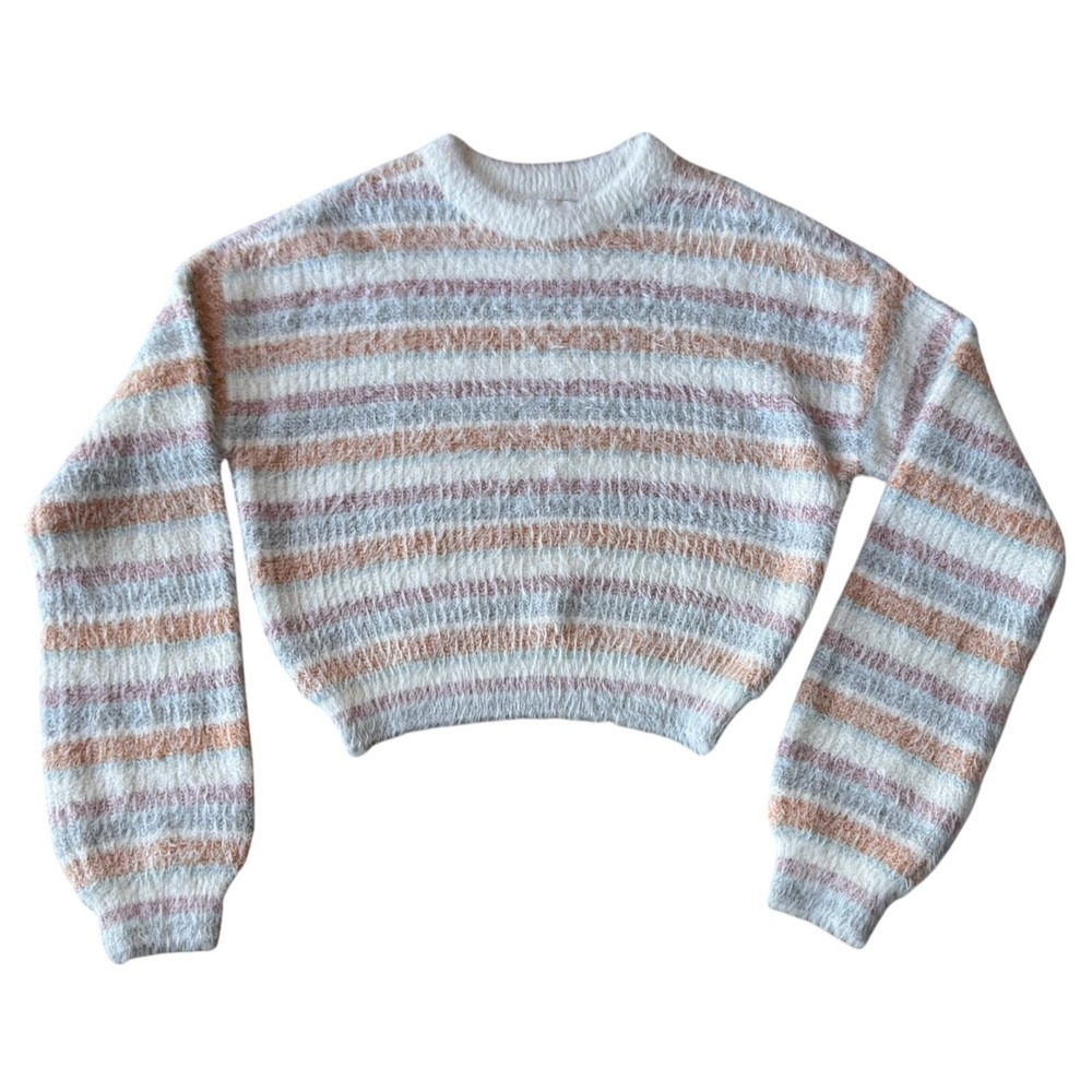 Nordstrom BP Cropped Fuzzy Sweater Cream Striped Long Sleeve XS EUC Soft Cozy